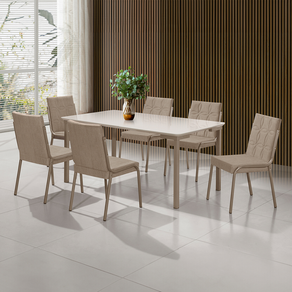 Conjunto de Mesa 6 Cadeiras Tampo MDF e Vidro Colado Aço Nobre